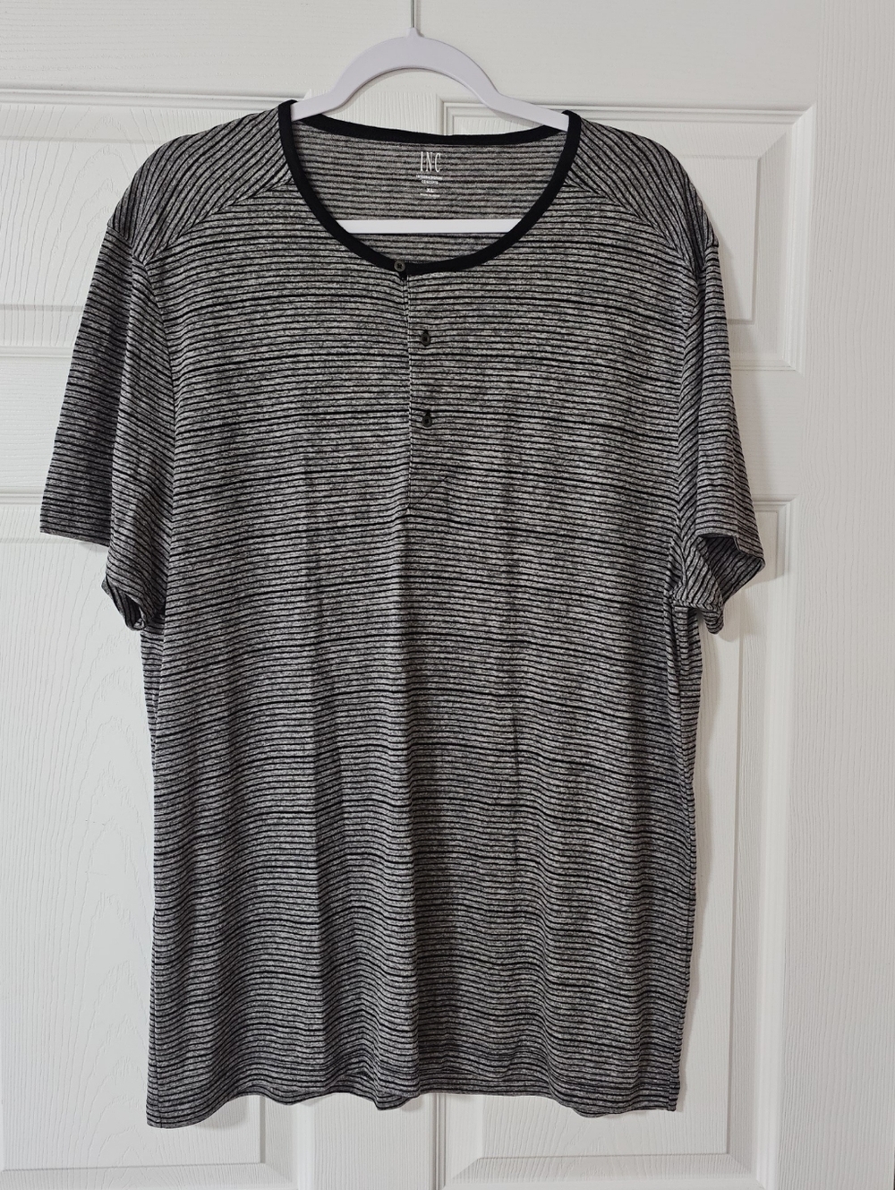 Men's INC Black & Grey Striped Henley Short Sleeve Shirt